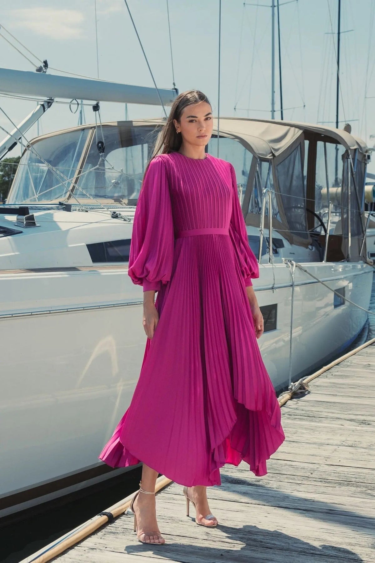 Fuchsia Long Sleeve Pleated Charmeuse Handkerchief Dress