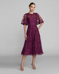 Aubergine Flutter Sleeve Embroidered Midi Dress