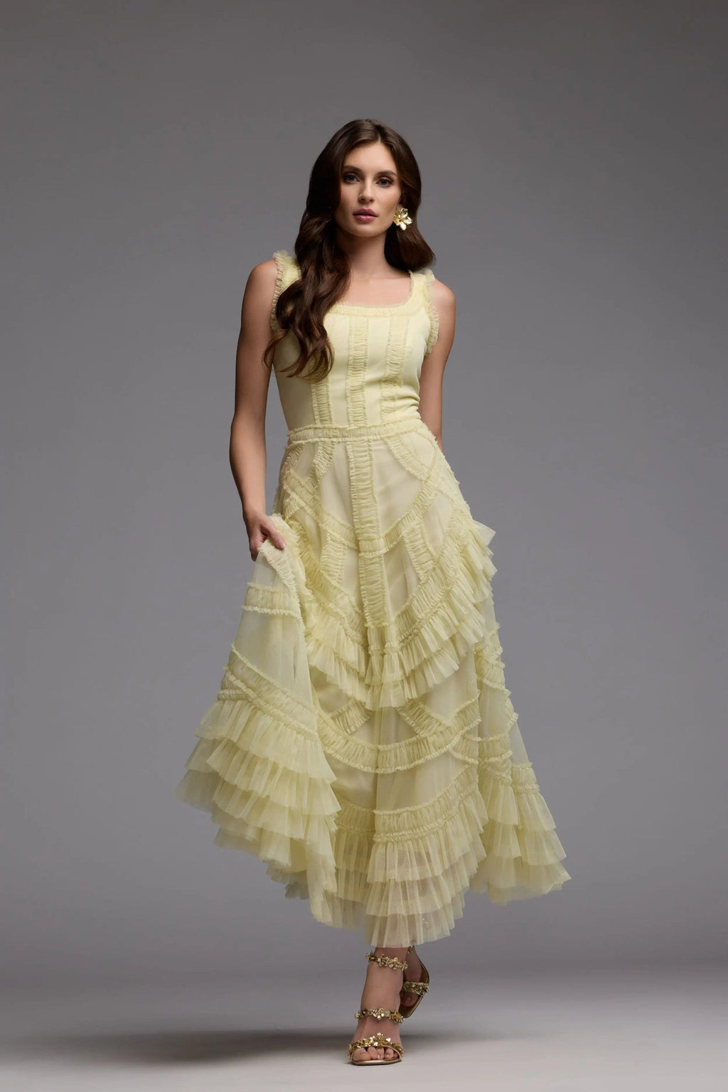 Buttercup Scoop Neck Sleeveless Micro Ruffle Midi Dress