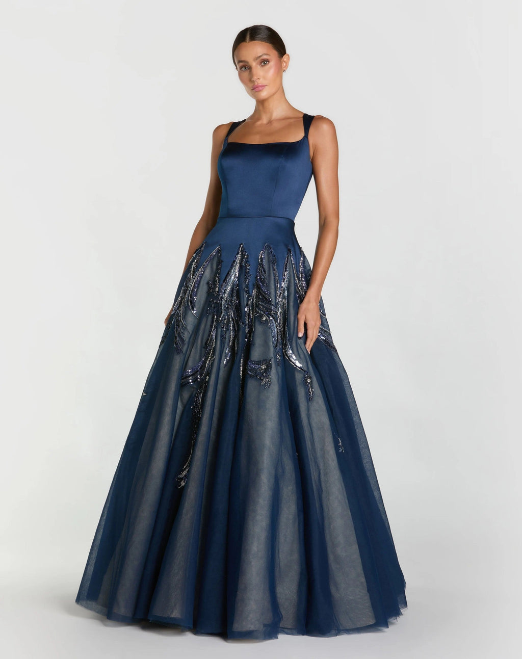 Navy Embellished Satin Ball Gown With Tulle Skirt