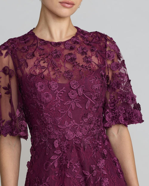 Aubergine Flutter Sleeve Embroidered Midi Dress