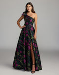 Black One Shoulder Brocade Floral Gown With Bow