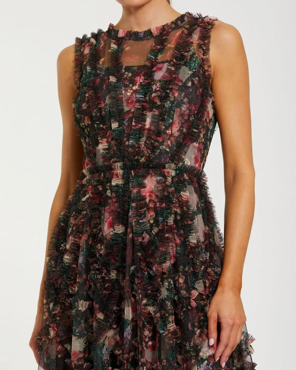 Black Multi Micro Ruffle Floral A-Line Mini Dress
