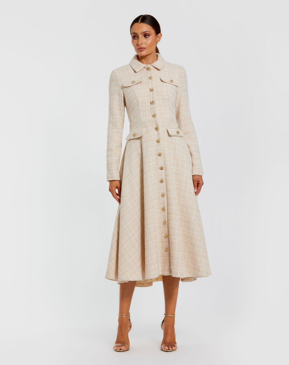 Ecru Boucle Button Front Long Sleeve Midi Dress