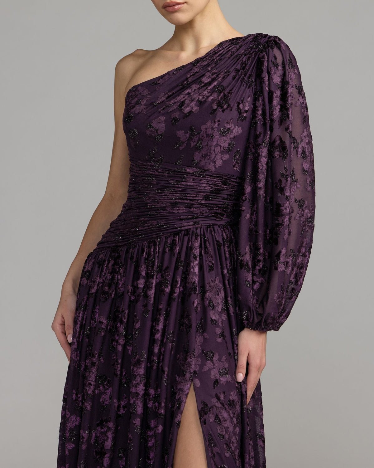 Amethyst One Shoulder Long Sleeve Burnout Velvet Gown
