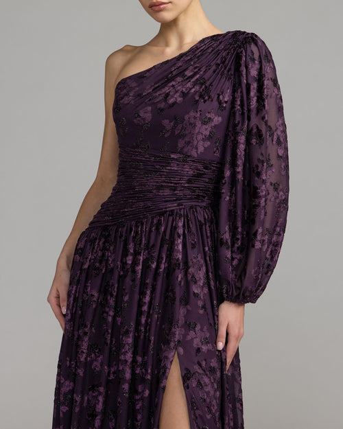 Amethyst One Shoulder Long Sleeve Burnout Velvet Gown