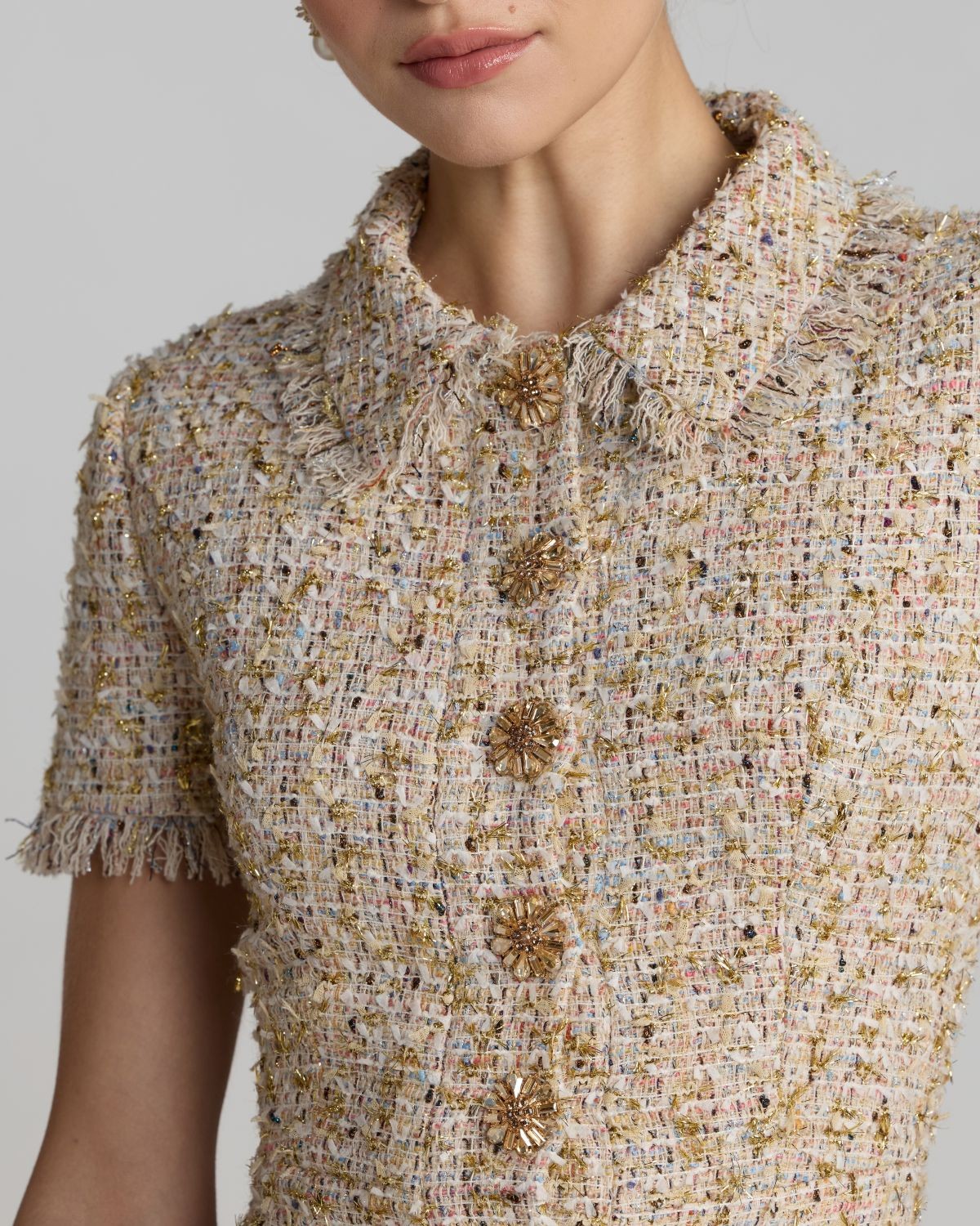 Ecru Multi Boucle Midi Dress with Rhinestone Buttons