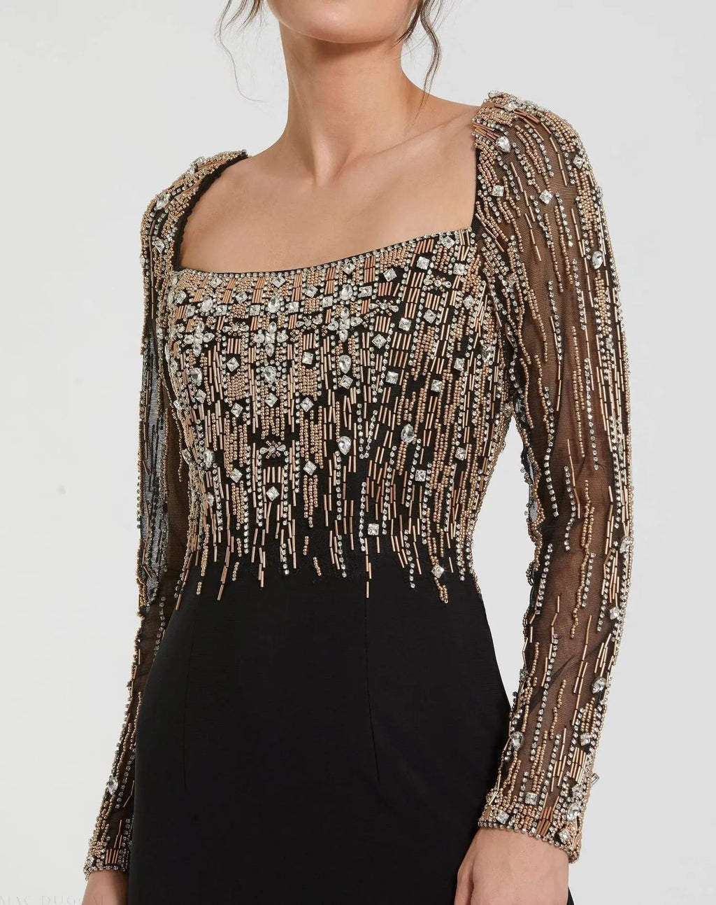 Black Beaded Square Neck Long Sleeve Jersey Gown