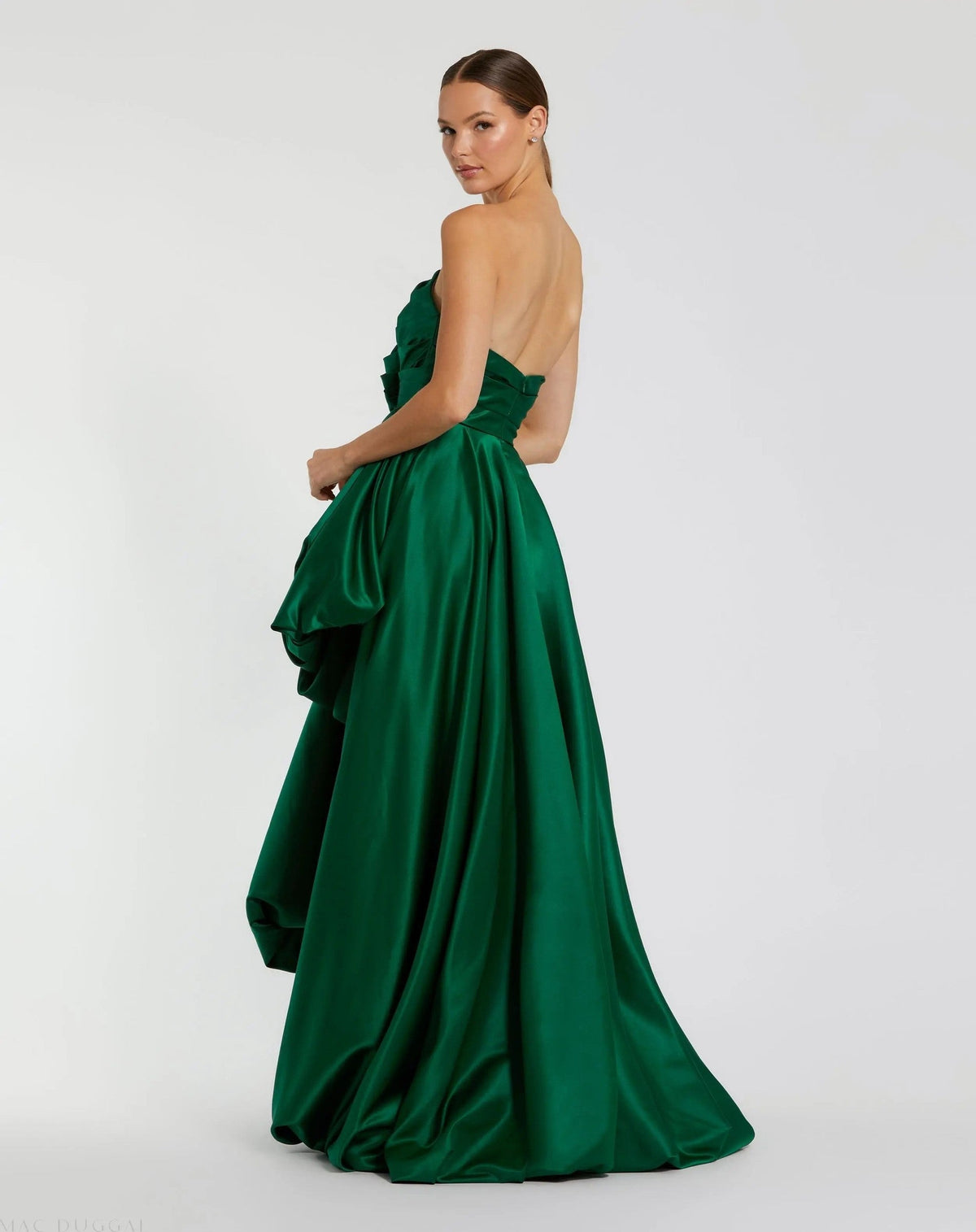 Green Strapless Ruched High Low Gown