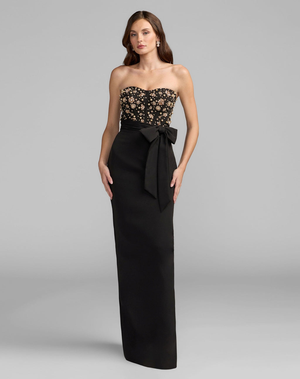 Black Gold Strapless Embellished Bustier Gown with Bow
