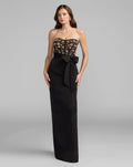Black Gold Strapless Embellished Bustier Gown with Bow