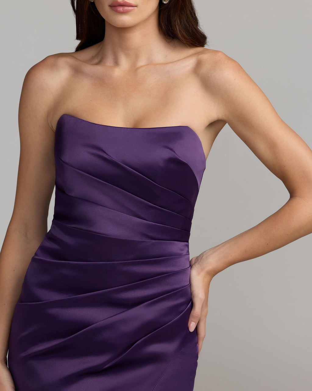 Purple Strapless Satin Gown With Slit