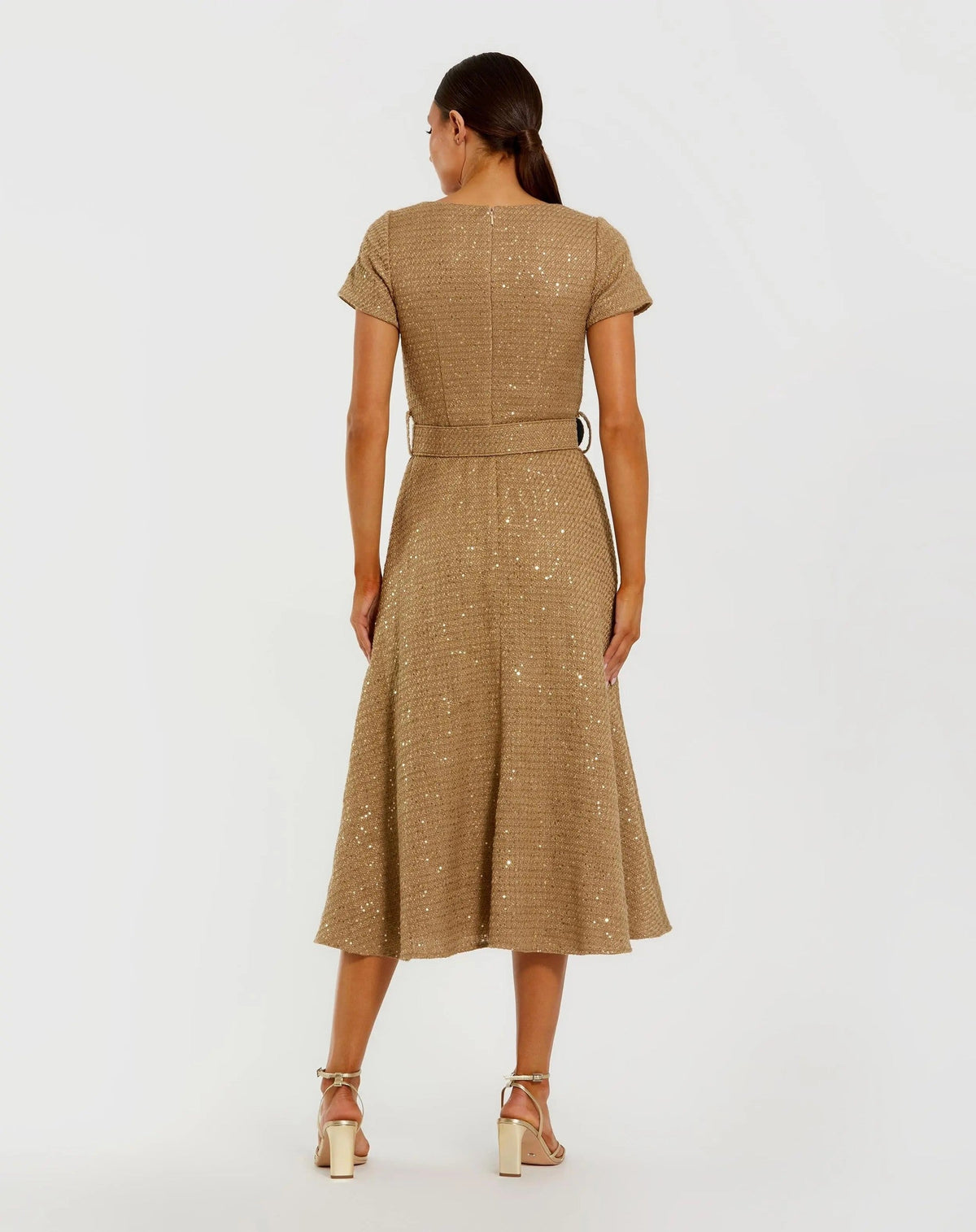 Gold Boucle Cap Sleeve High Neck Button Up Midi Dress