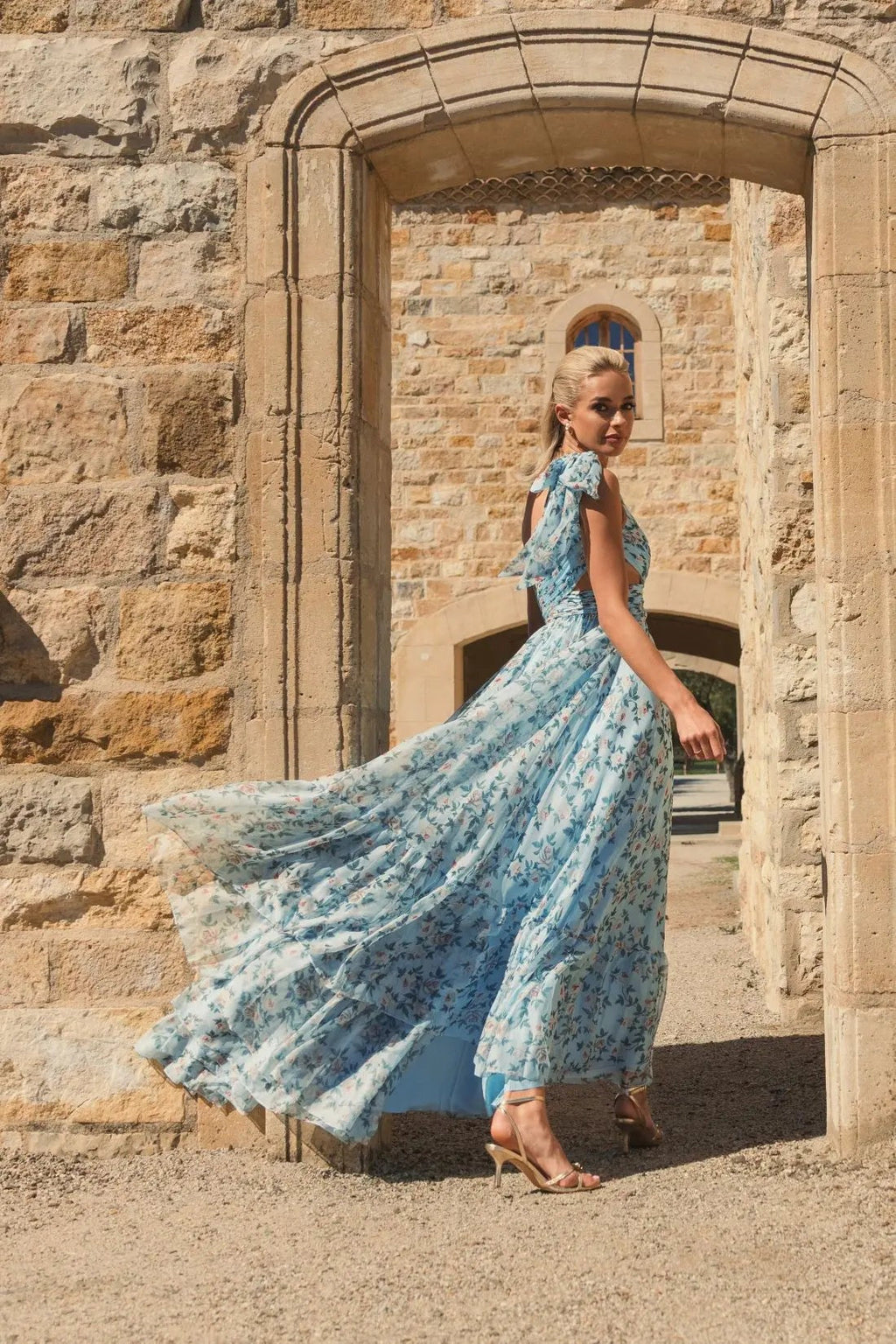 Aqua Multi Floral Chiffon One Shoulder Gown