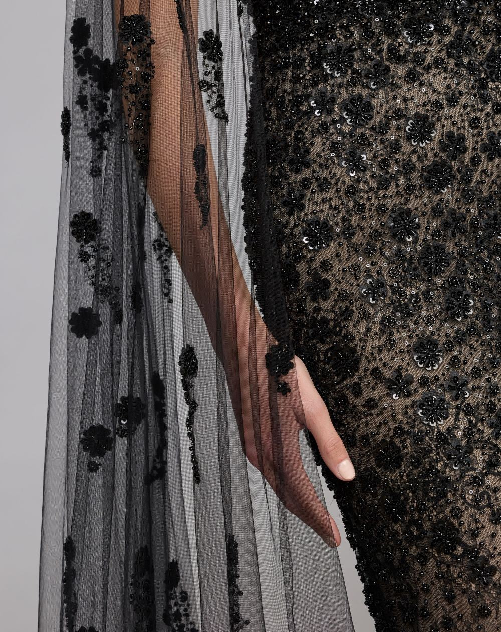 Black Embellished Lace One Shoulder Gown With Cape Sleeve