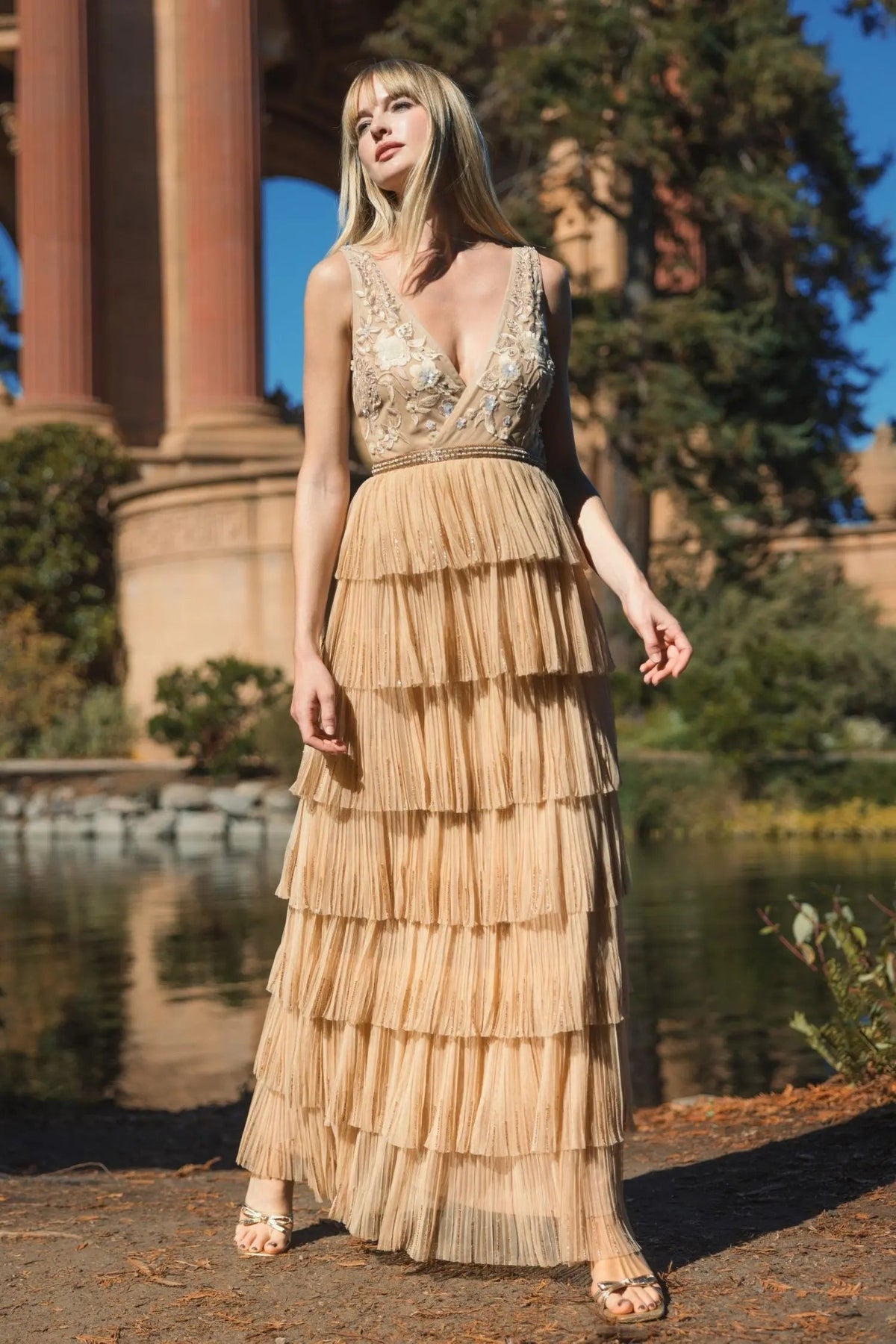 Beige Beaded V-Neck Gown With Tiered Ruffles