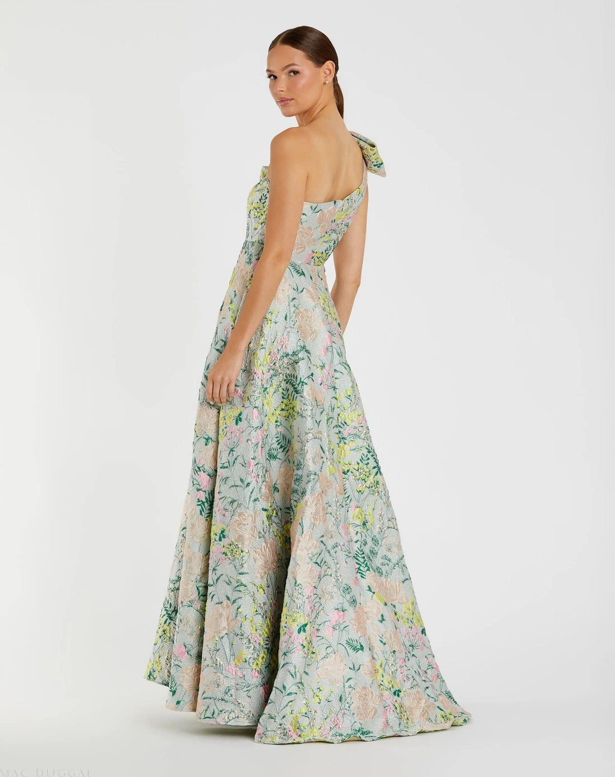 Multicolor One Shoulder Brocade Floral Gown With Bow