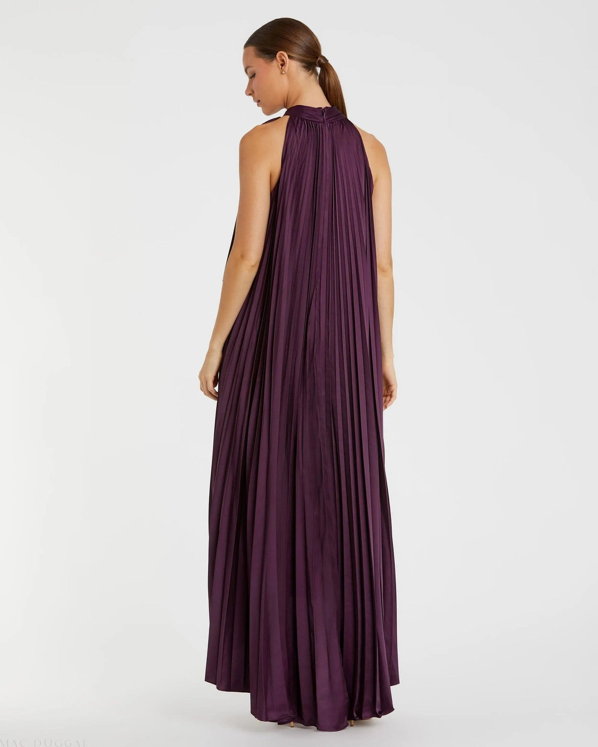 Plum Pleated Halter Neck High Low Gown