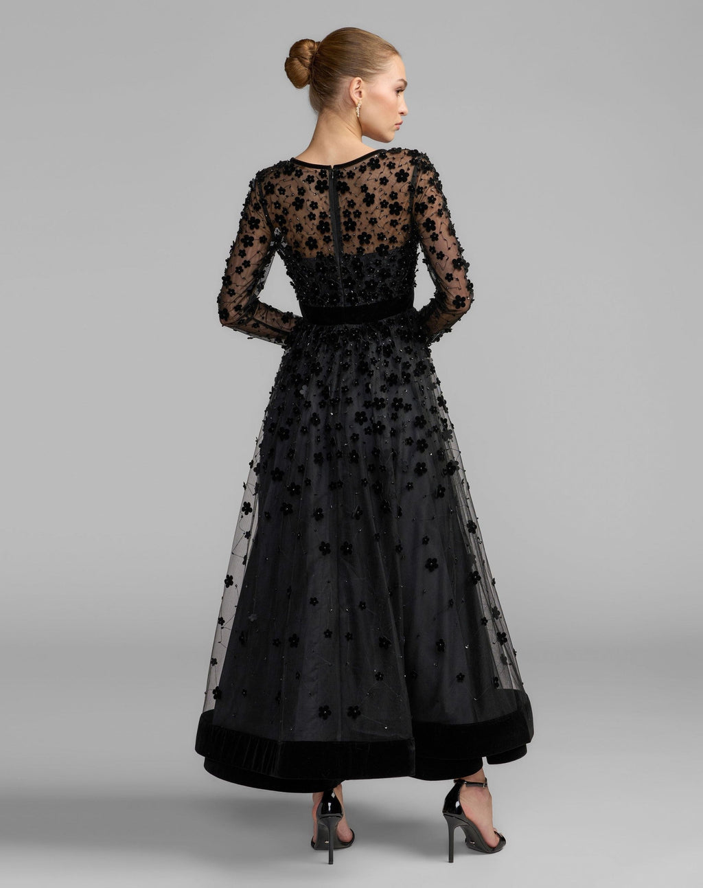 Petite Black Velvet Floral Appliqué Midi Dress