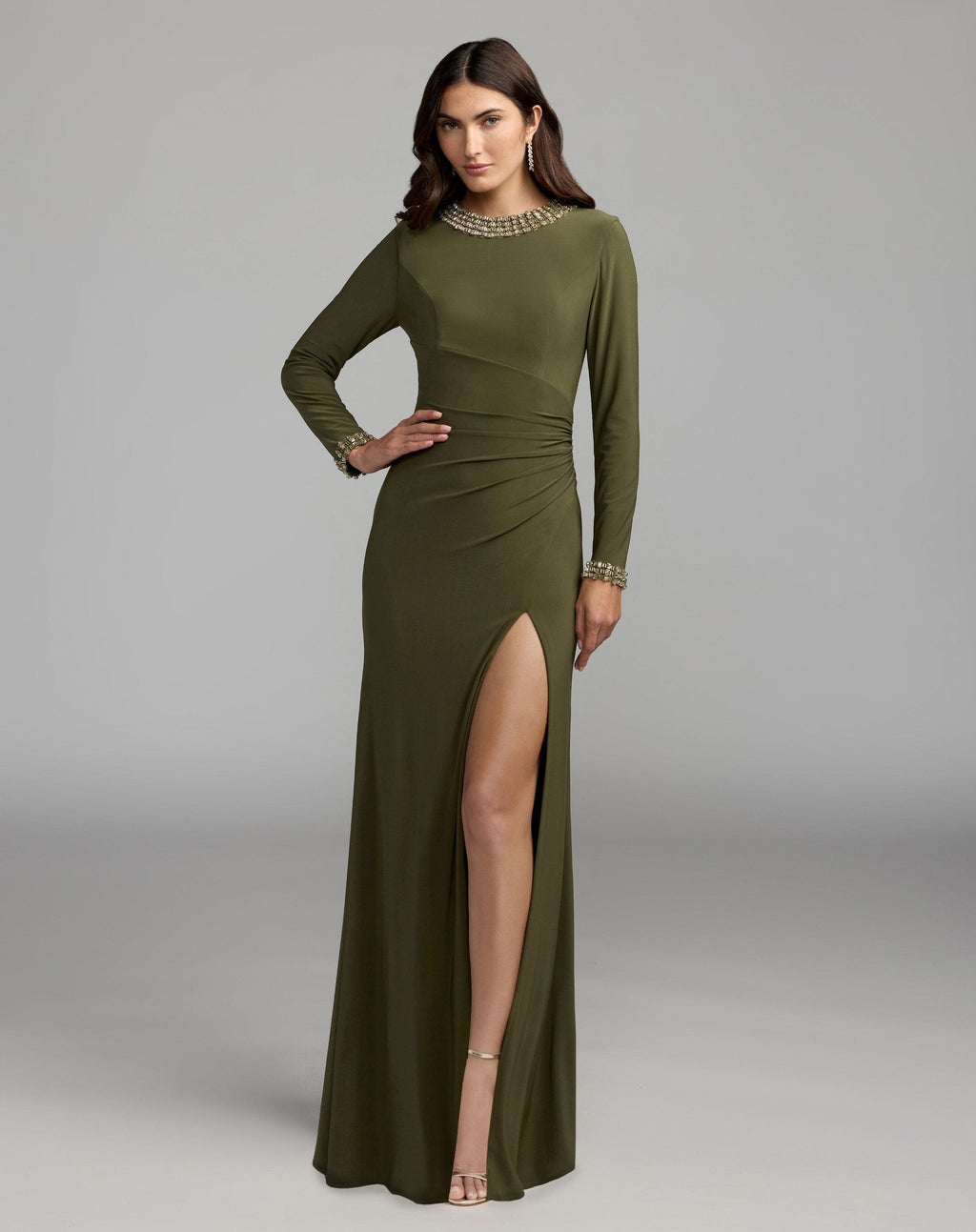 Olive Green Embellished Long Sleeve Gown With Slit