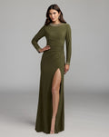 Olive Green Embellished Long Sleeve Gown With Slit