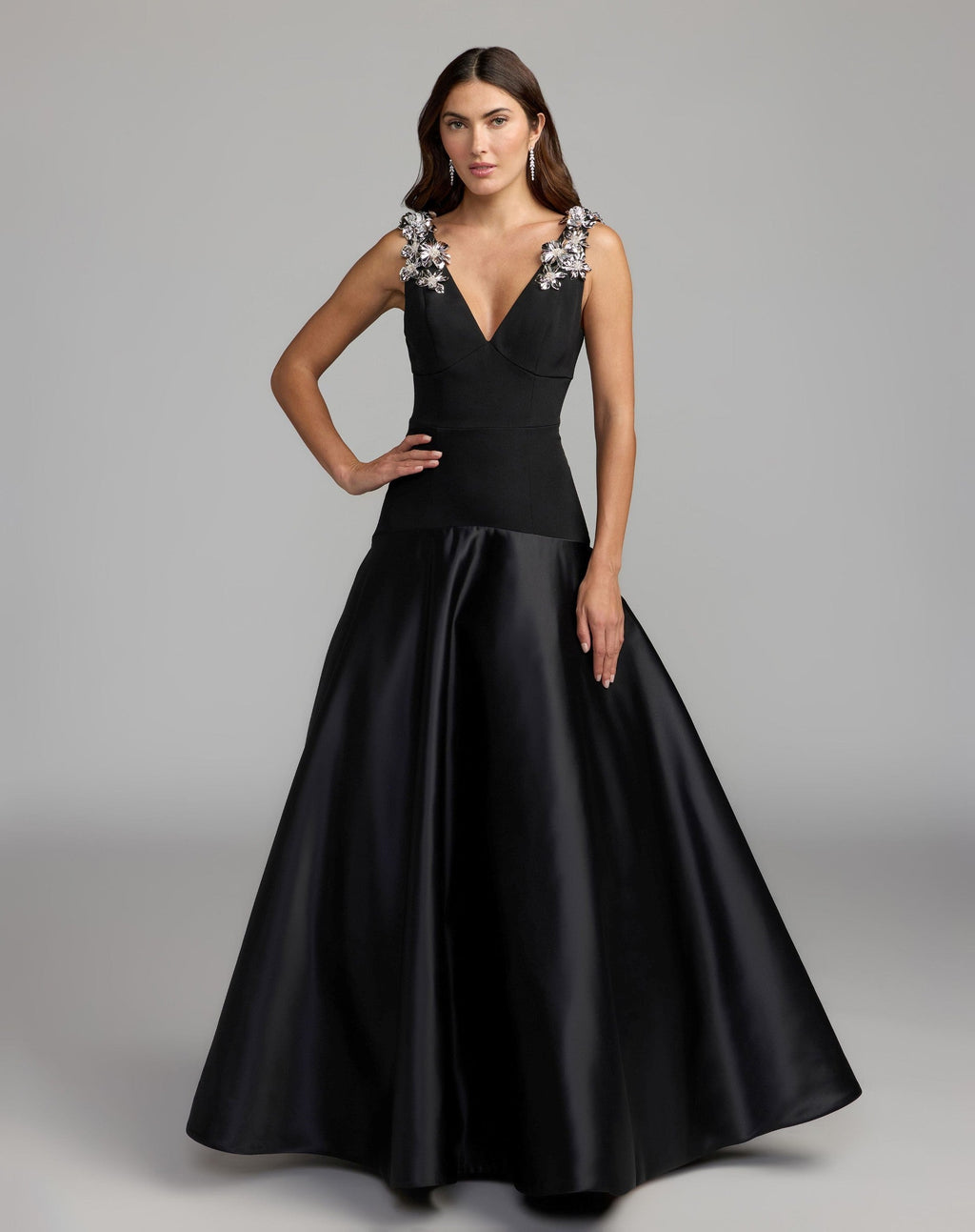 Black Crepe And Satin Plunging V-Neck Ball Gown