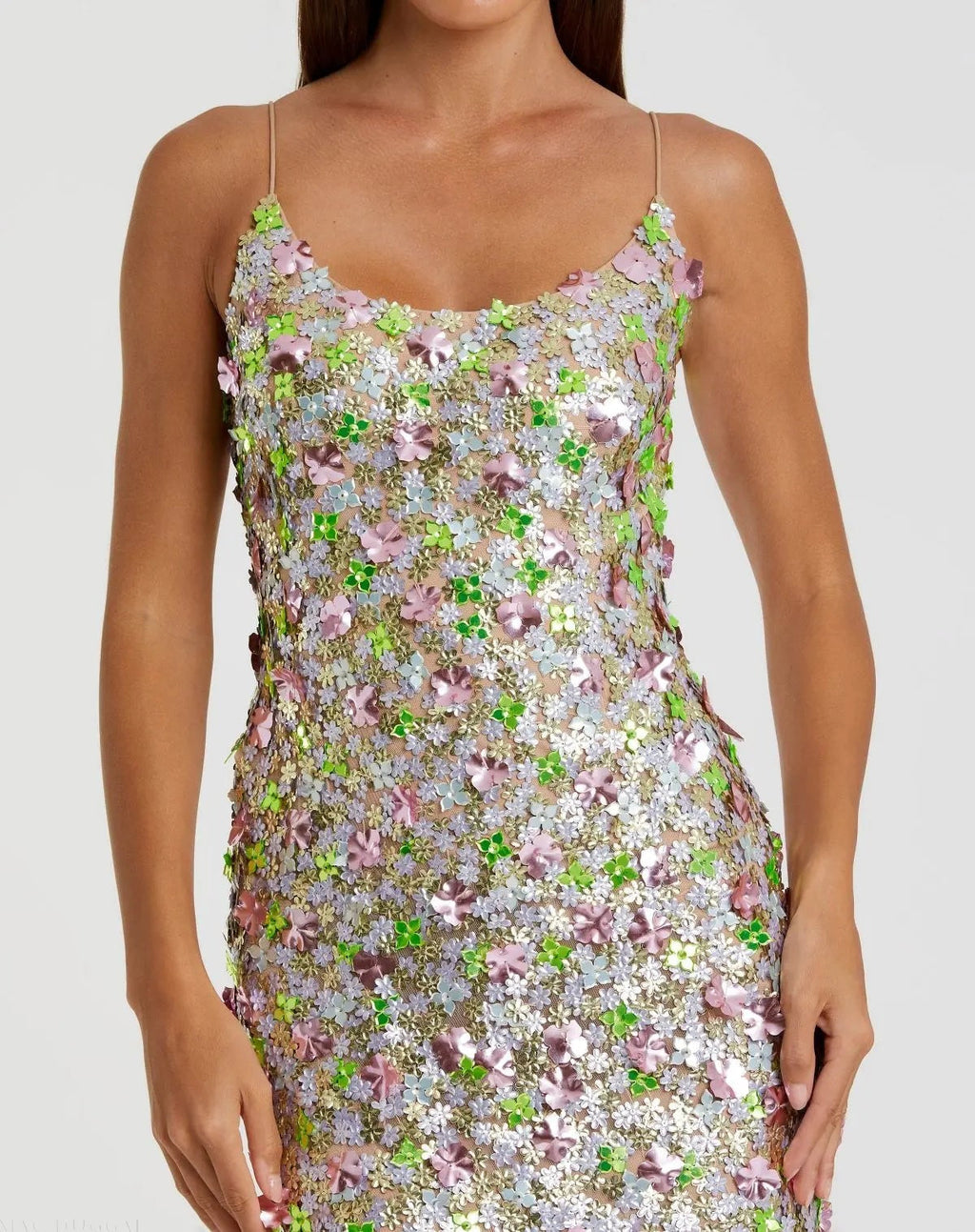 Multicolor Sleeveless Floral Paillette Embellished Mesh Gown