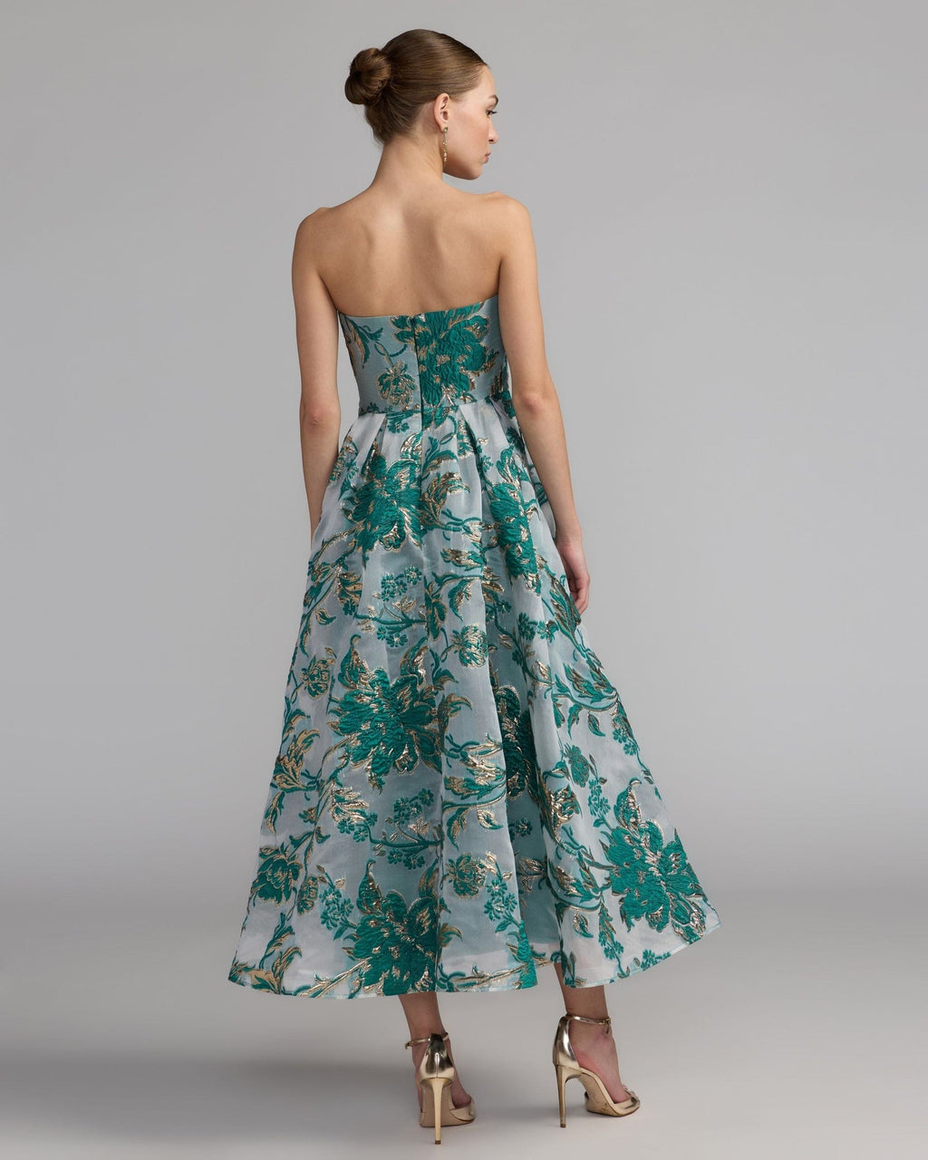 Teal Strapless Brocade Midi Dress with Pockets