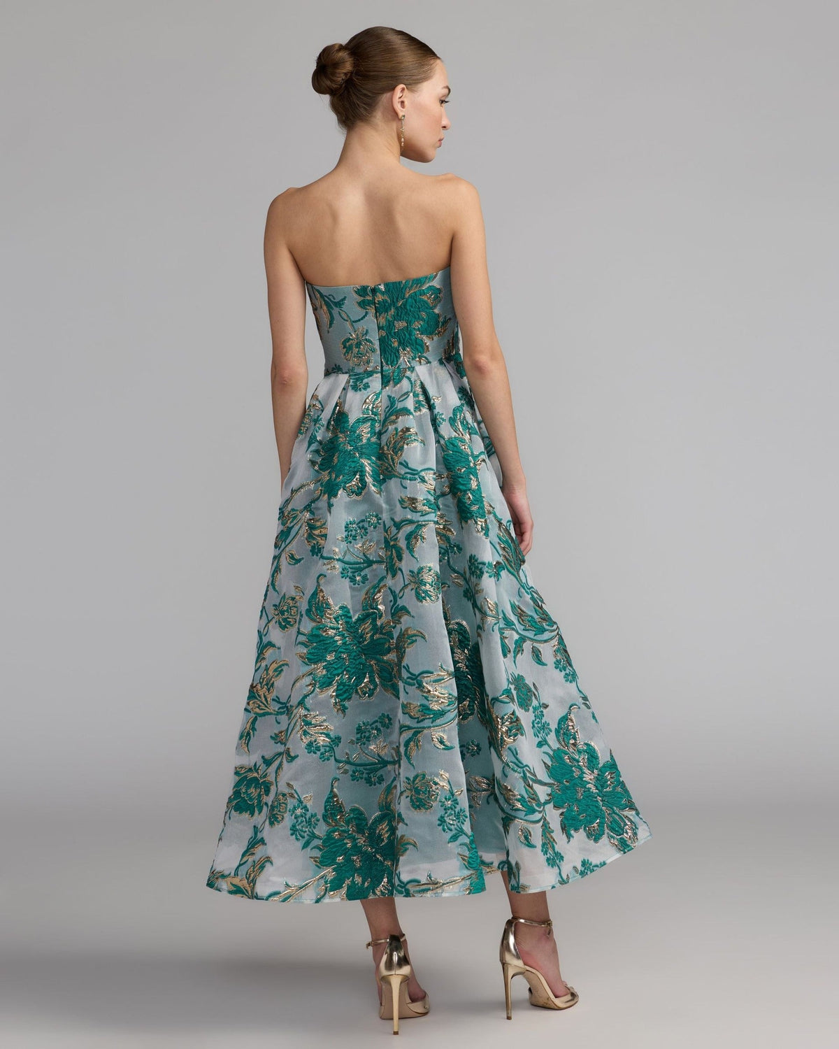 Teal Strapless Brocade Midi Dress with Pockets