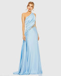 Blue One Shoulder Charmeuse Gown With Beaded Cutout