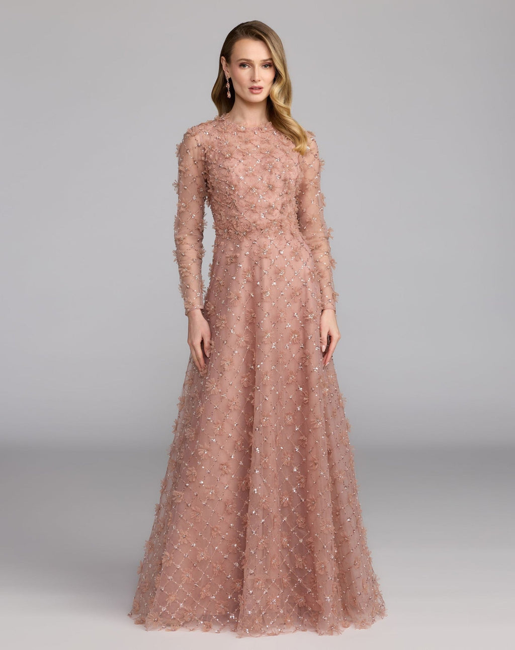 Mocha High Neck Long Sleeve Embellished A-Line Gown