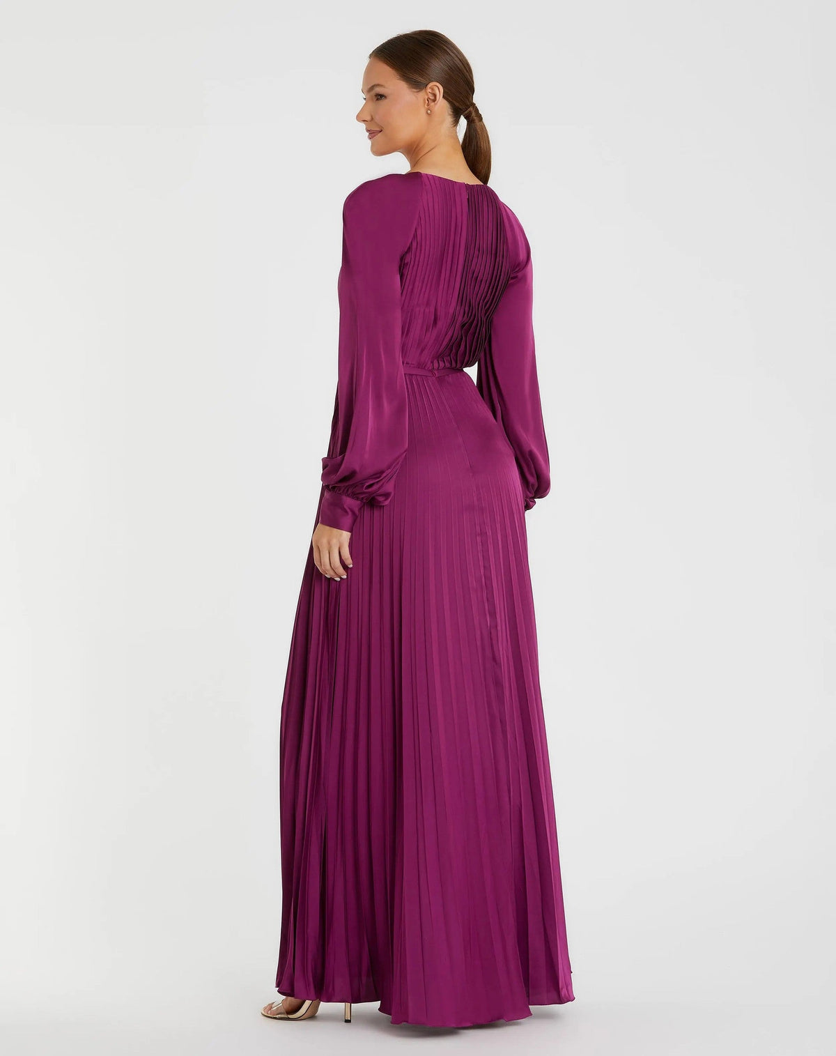 Berry Pleated High Neck Long Sleeve Gown with Slit