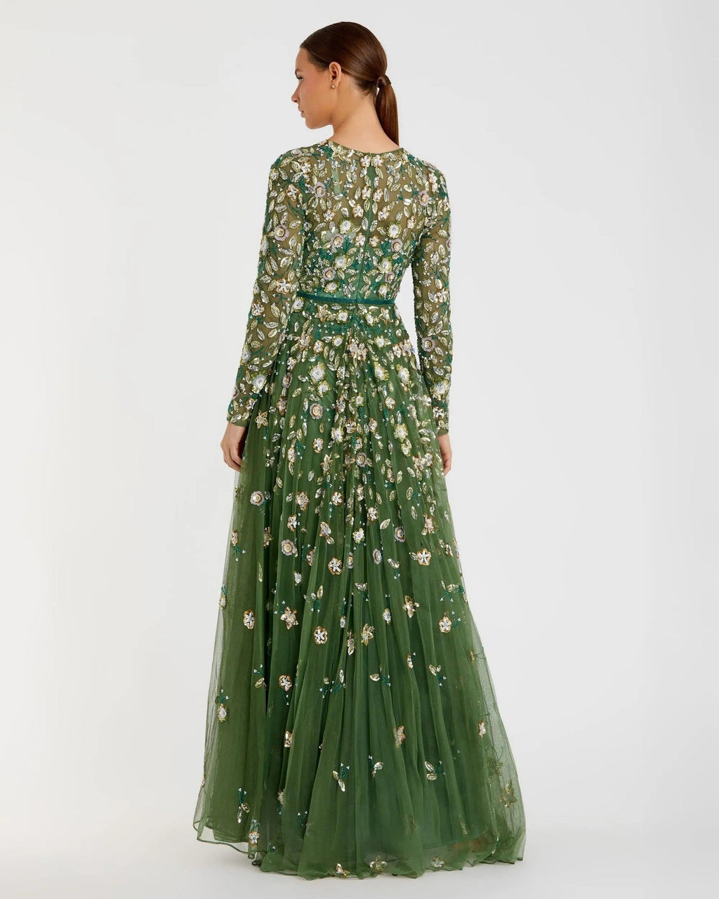 Sage Embellished High Neck Long Sleeve A Line Gown