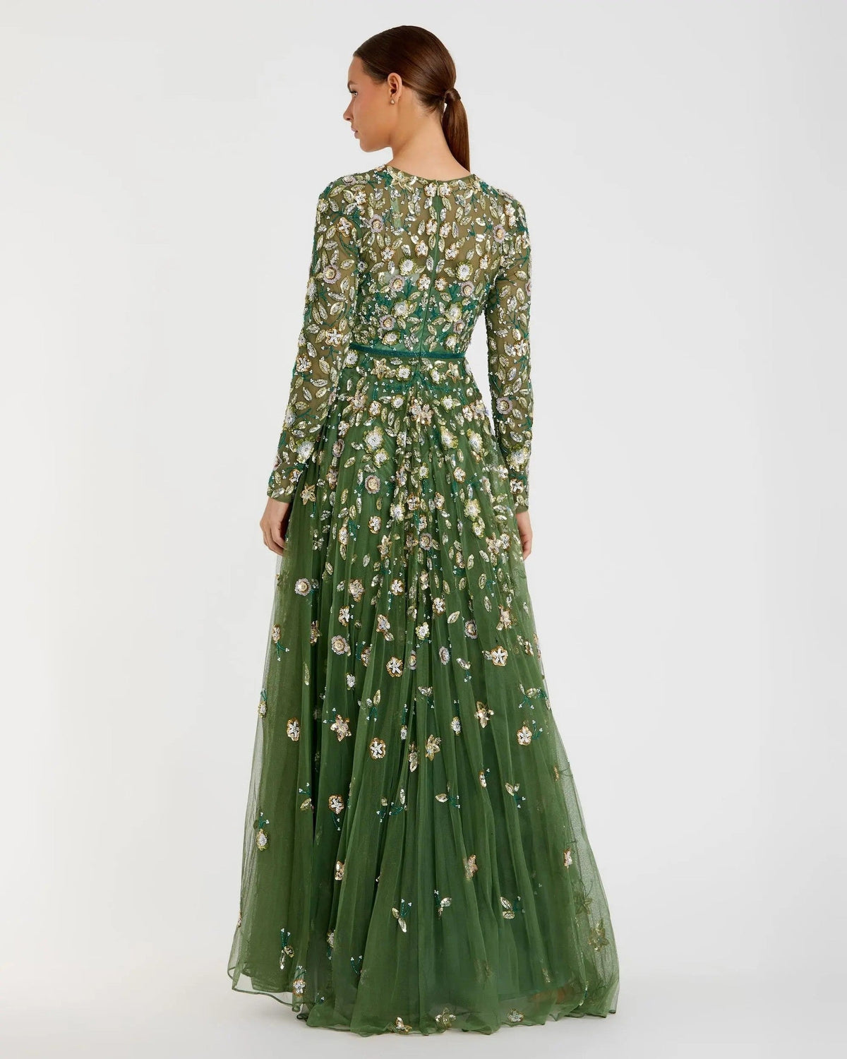 Sage Embellished High Neck Long Sleeve A Line Gown