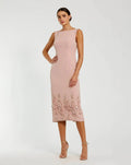 Pink Crepe Sleeveless Midi Dress With Flower Beading