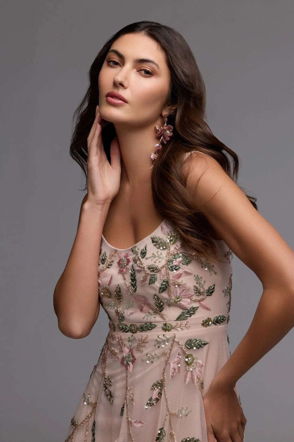 Porcelain Ruffle Midi Dress with Floral Embroidery