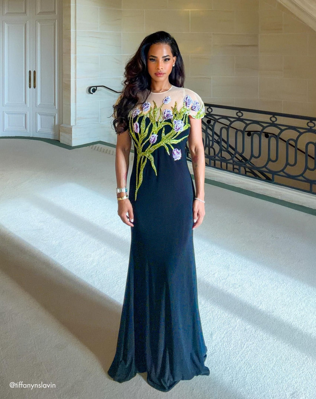 Black High Neck Floral Embroidered Jersey Gown