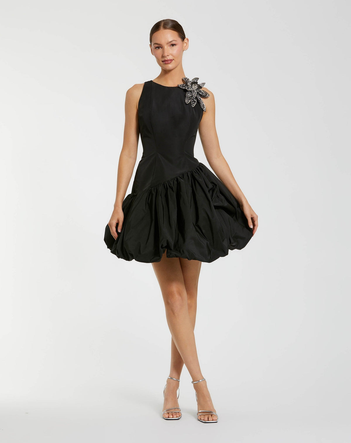 Black Bubble Hem Mini Dress with 3D Floral Appliqué
