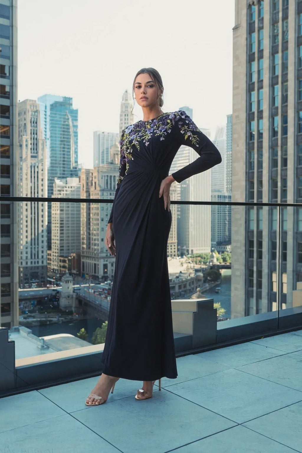 Midnight Embellished Long Sleeve Fitted Jersey Gown