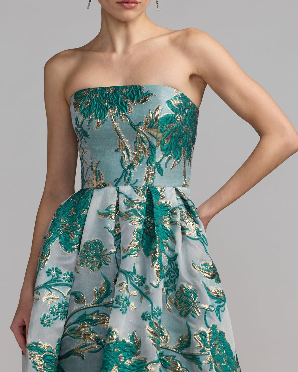 Teal Strapless Brocade Midi Dress with Pockets