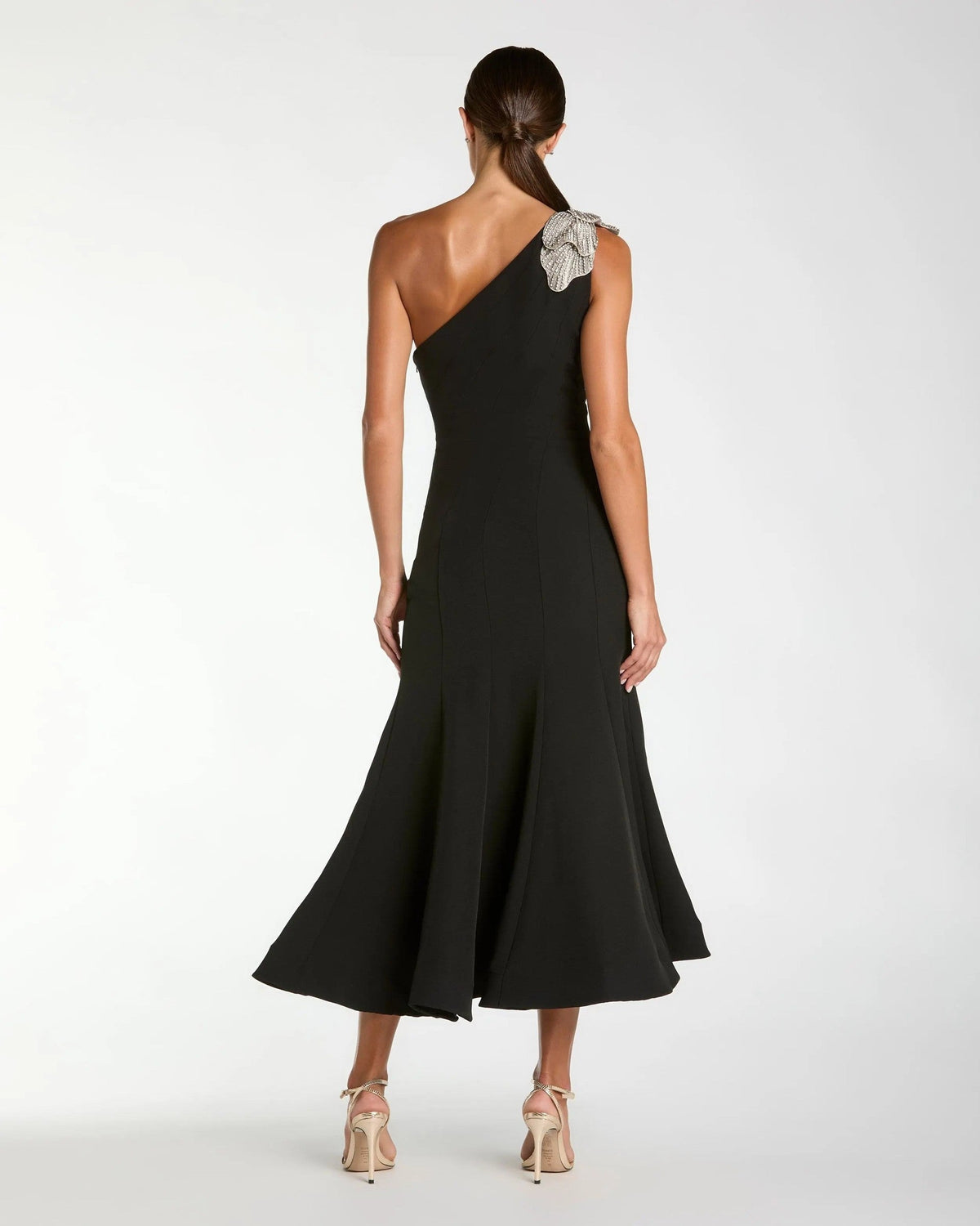 Black Crepe One Shoulder Midi Dress With 3D Flower