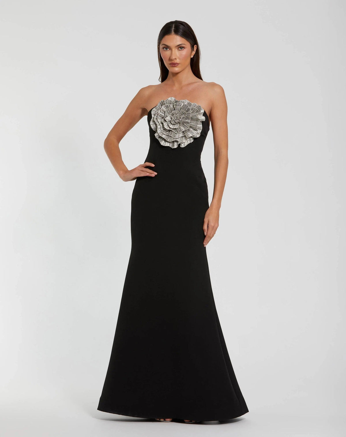 Black Strapless Crepe Trumpet Gown with 3D Rhinestone Flower