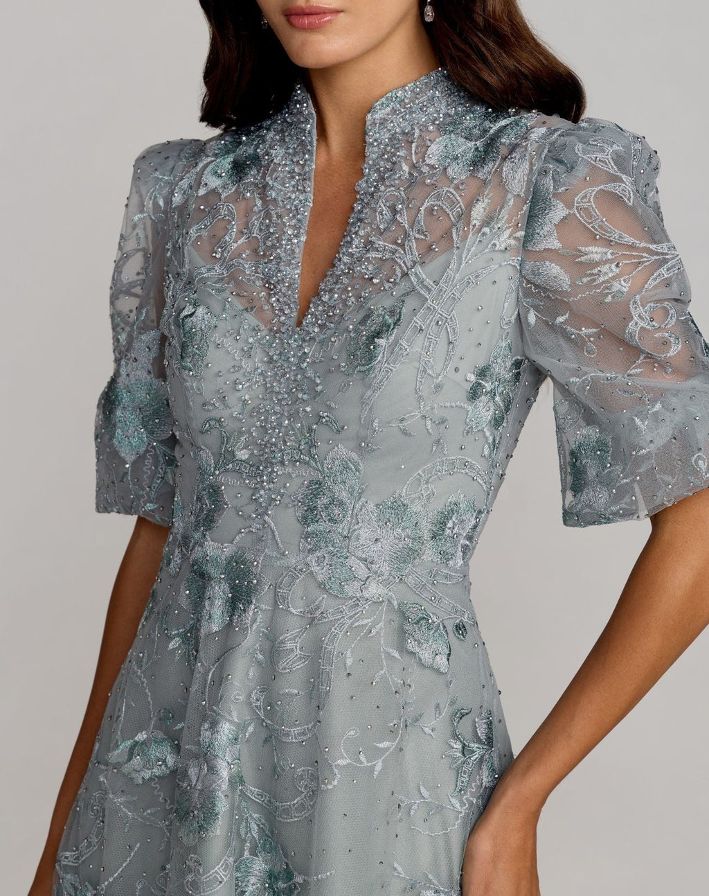 Petite French Blue Queen Anne Puff Sleeve A-Line Gown