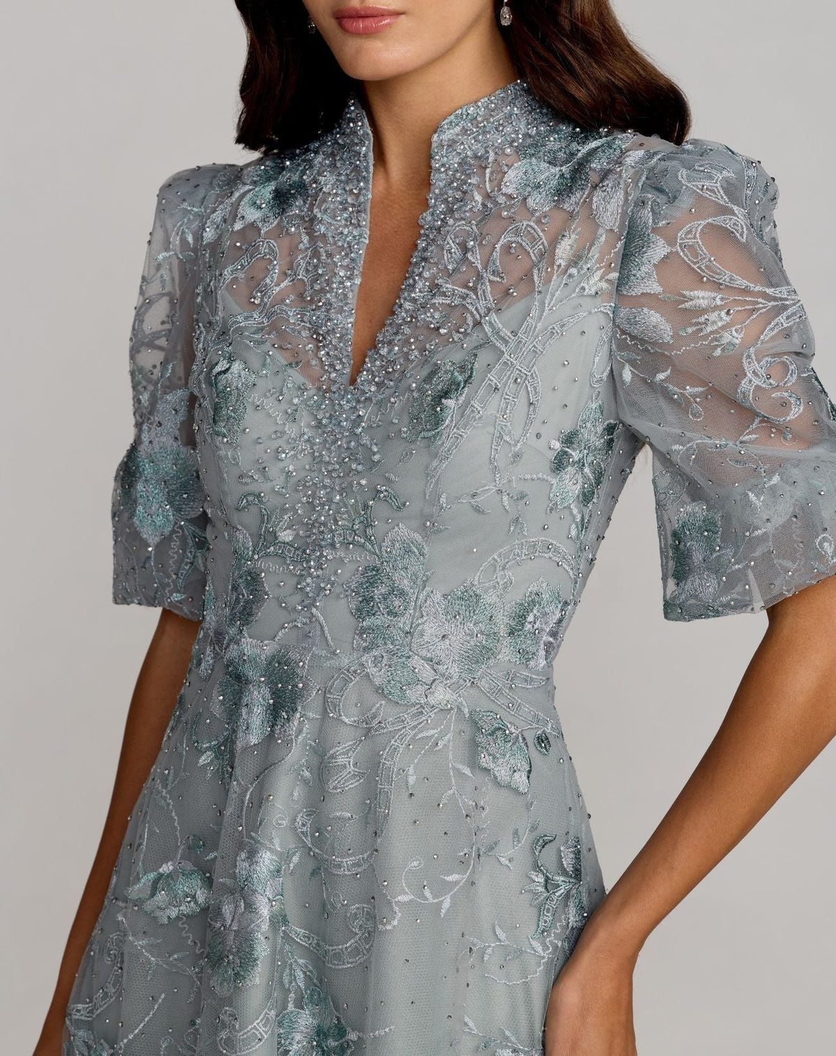 Petite French Blue Queen Anne Puff Sleeve A-Line Gown