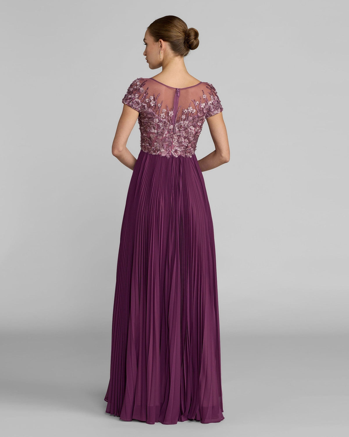 Purple Embroidered Cap Sleeve Pleated Gown