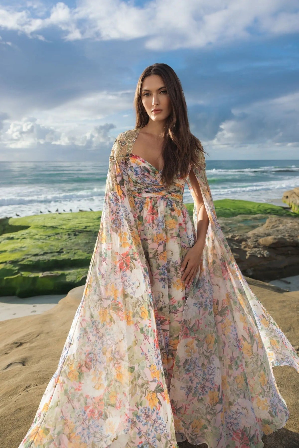 Pastel Multi Floral Gown With Beaded Cape Sleeves
