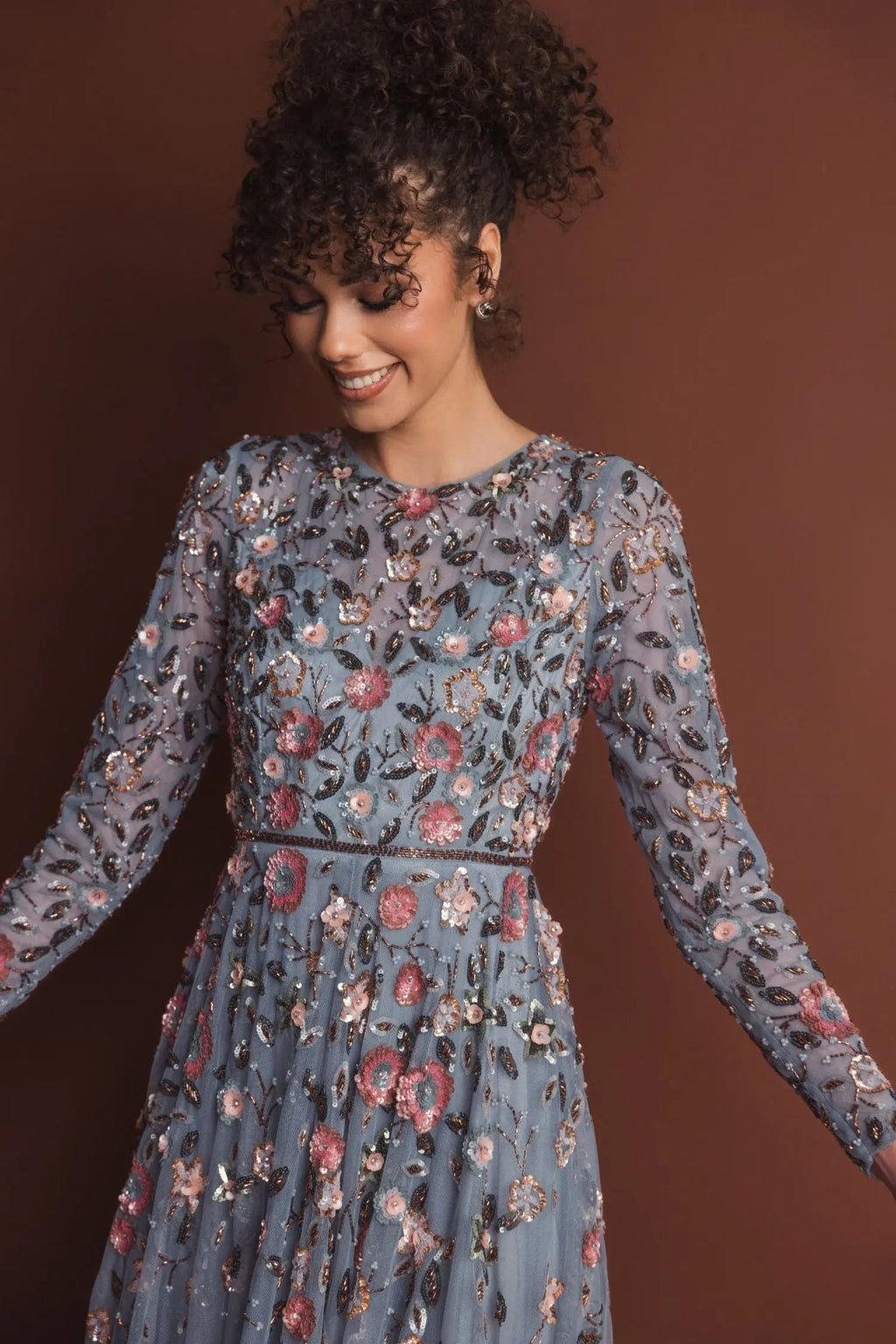 Grey Multi Embellished High Neck Long Sleeve A Line Gown