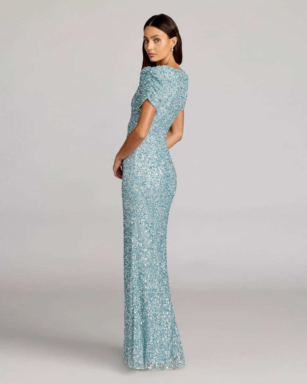 Powder Blue Gathered Short Sleeve Embellished Gown