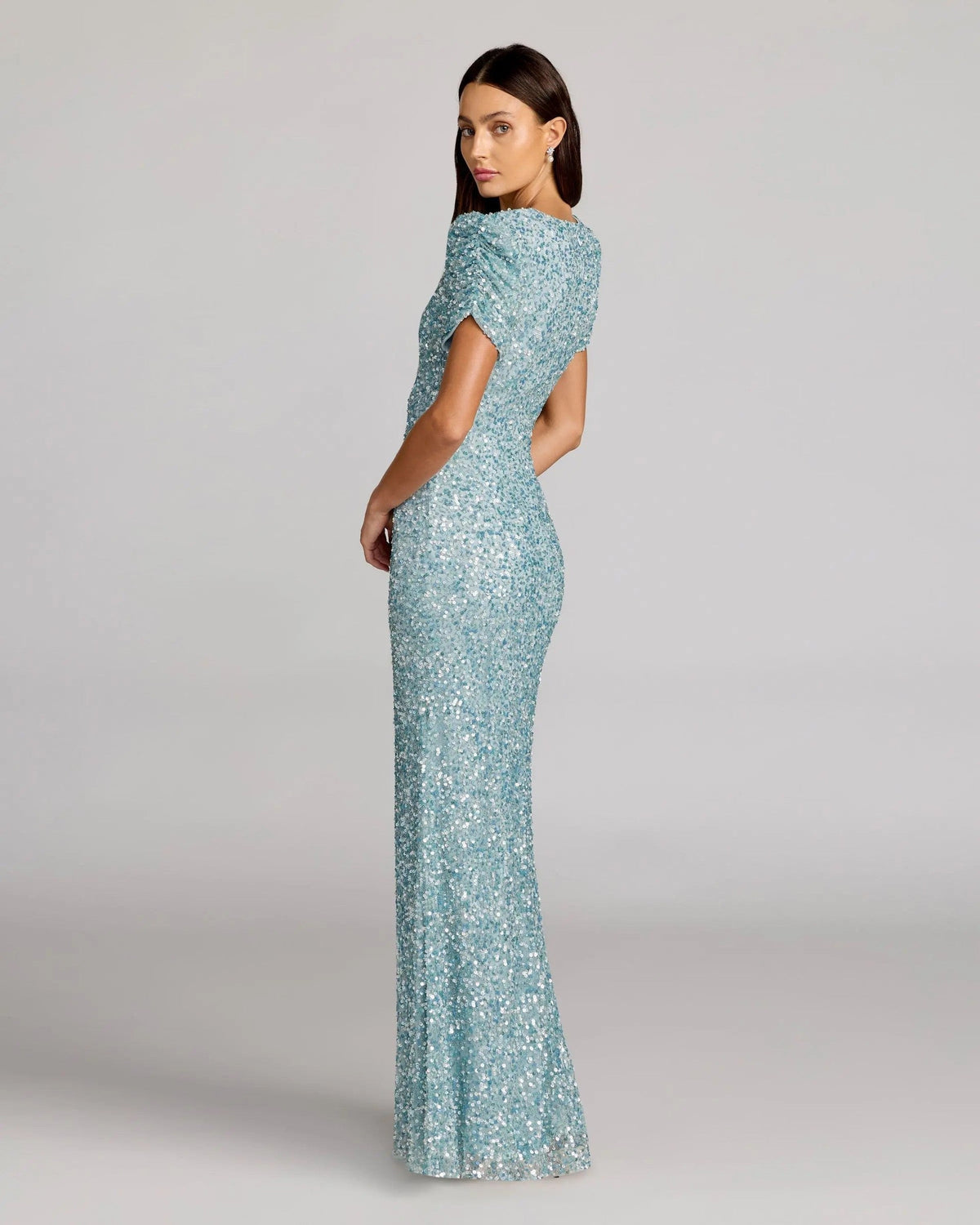 Powder Blue Gathered Short Sleeve Embellished Gown