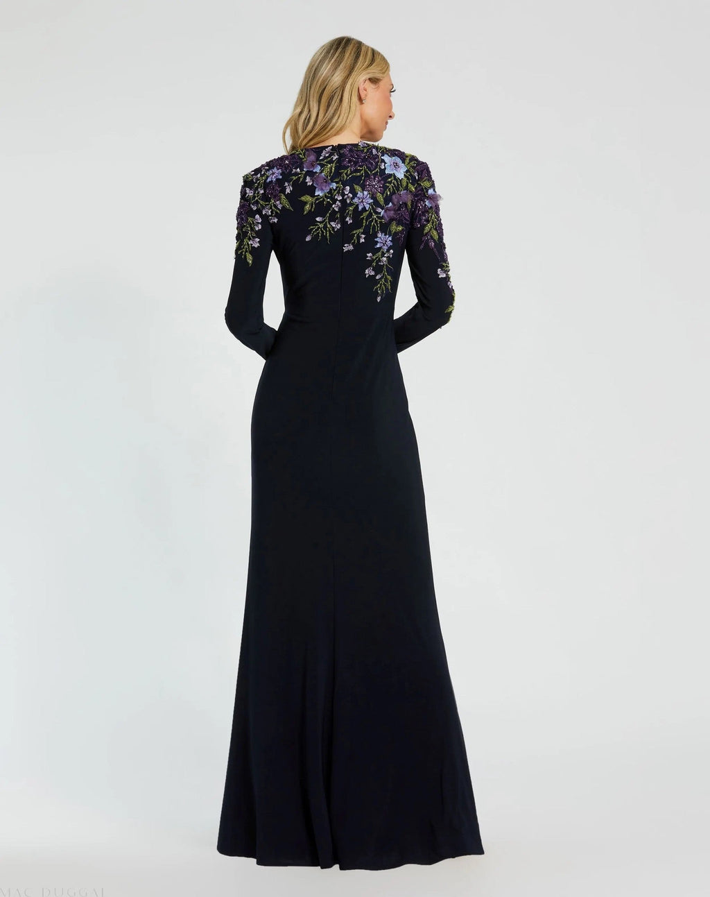 Midnight Embellished Long Sleeve Fitted Jersey Gown